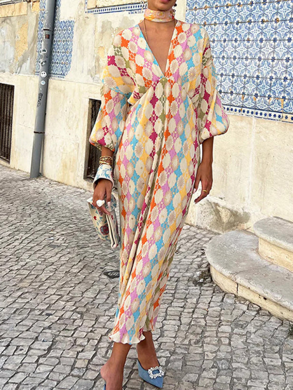 Midi Dresses - Geo Floral Bishop Sleeve Gathered Waist Midi Dress