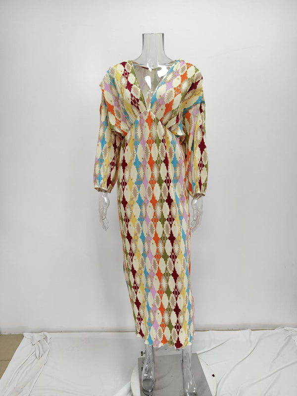 Midi Dresses - Geo Floral Bishop Sleeve Gathered Waist Midi Dress