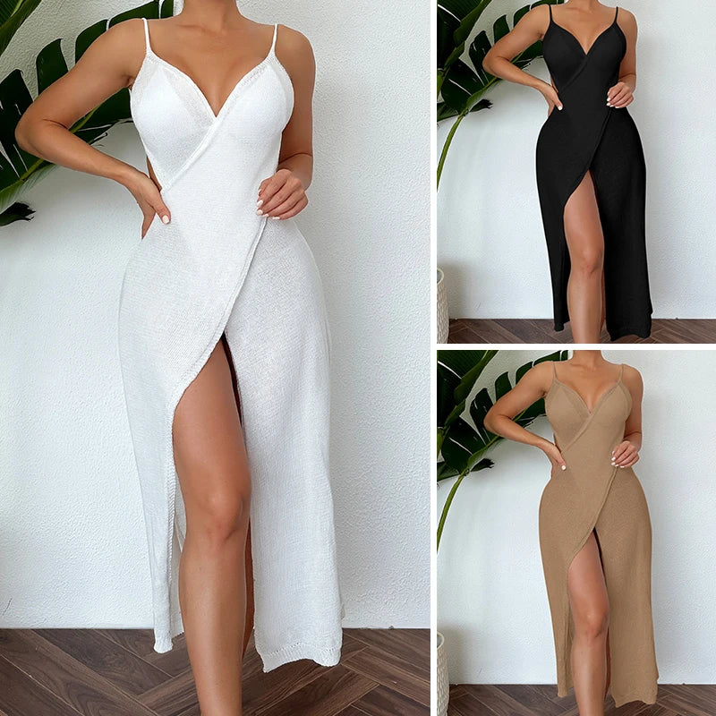 Midi Dresses- Sexy See-Through Backless Wrap Midi Dress for Summer
