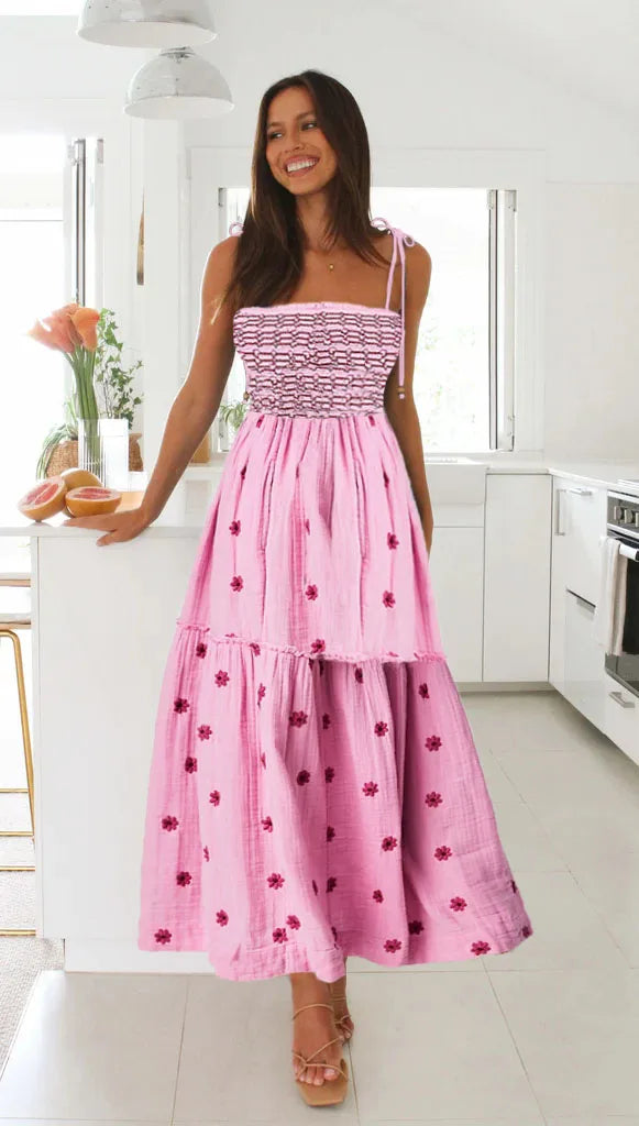 Midi Dresses - Smocked Boho Midi Dress with Embroidery for Outdoor Summer Festivities