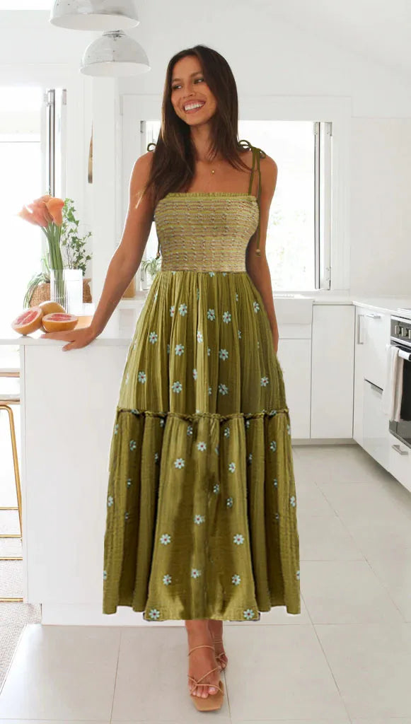 Midi Dresses - Smocked Boho Midi Dress with Embroidery for Outdoor Summer Festivities
