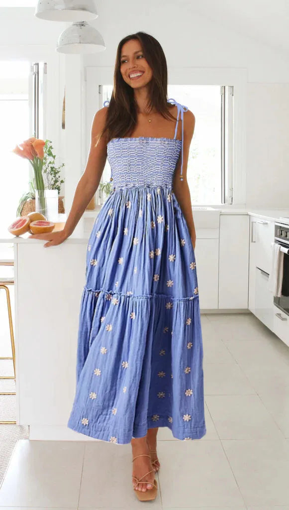 Midi Dresses - Smocked Boho Midi Dress with Embroidery for Outdoor Summer Festivities