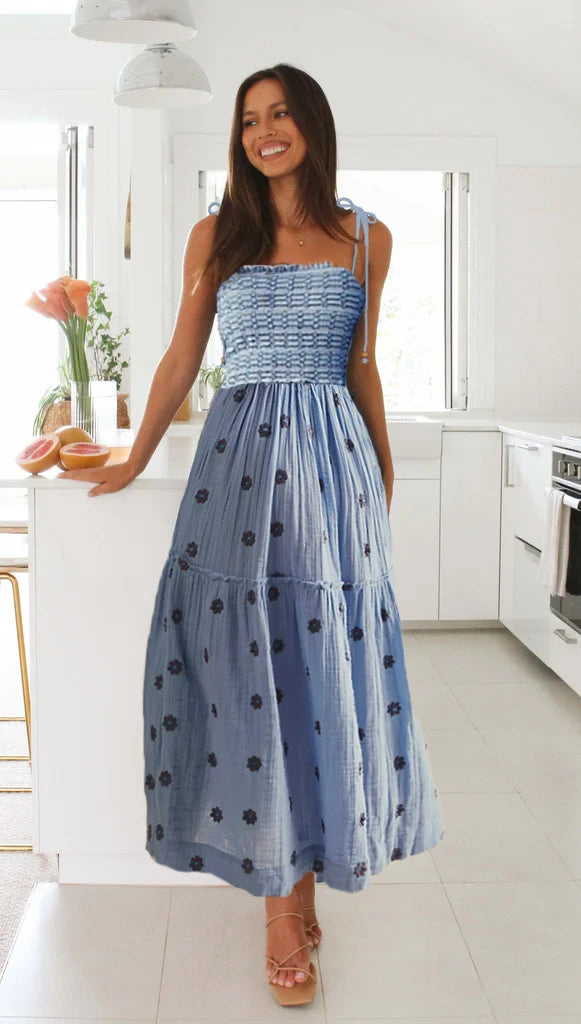 Midi Dresses - Smocked Boho Midi Dress with Embroidery for Outdoor Summer Festivities