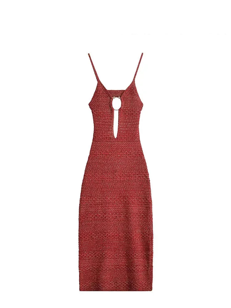 Midi Dresses- Women Textured Knit Midi Dress with Daring Cutout Detail- - Pekosa Women Fashion