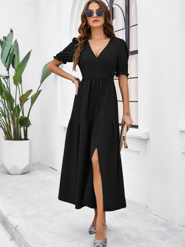 Midi Dresses- Women's Smocked Bodice Midi Dress with Solid Puff Sleeves- - Pekosa Women Fashion