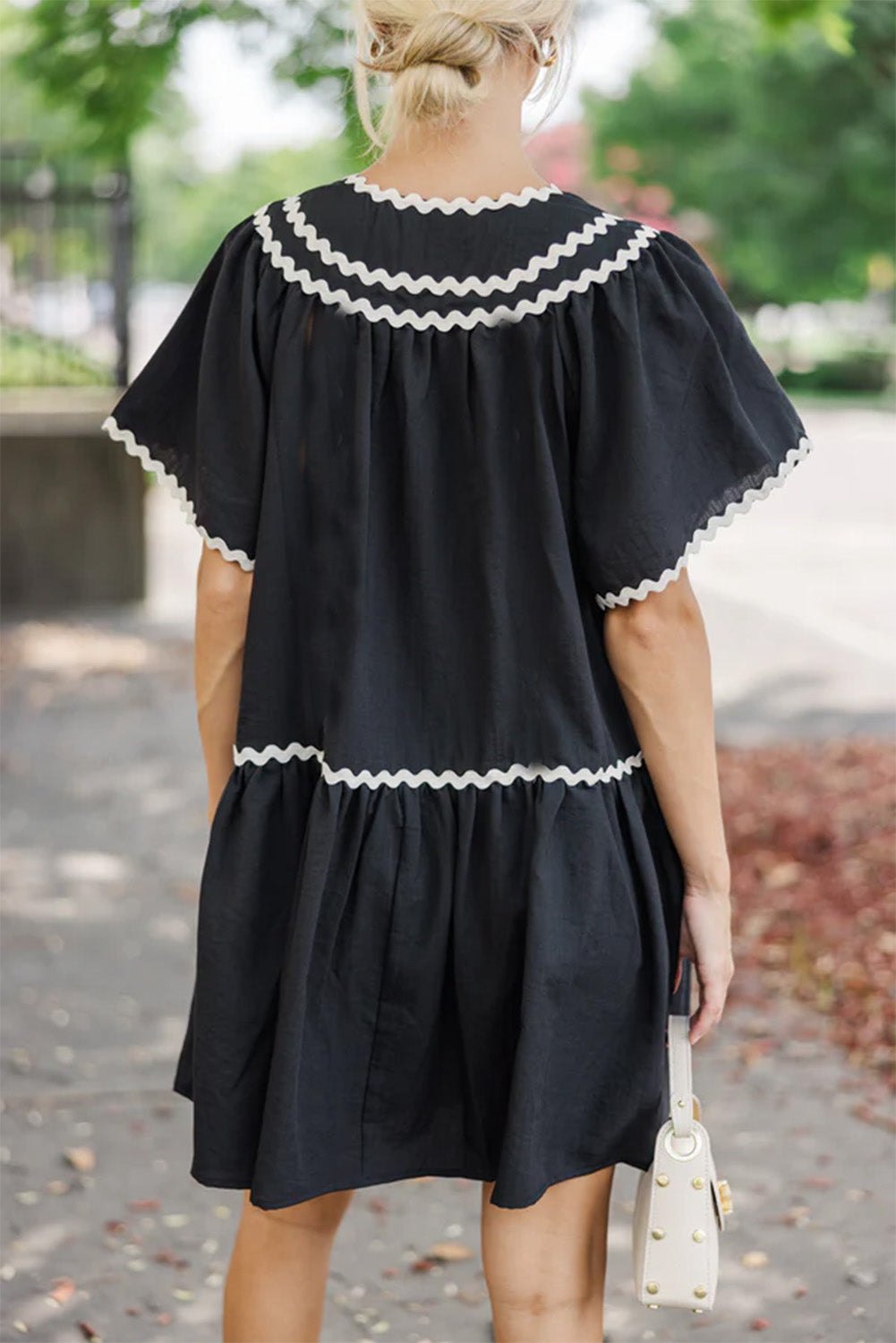 Mini Dresses - Black Summer Dress with Ricrac Trim
