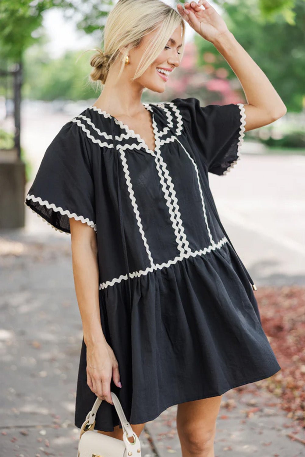 Mini Dresses - Black Summer Dress with Ricrac Trim