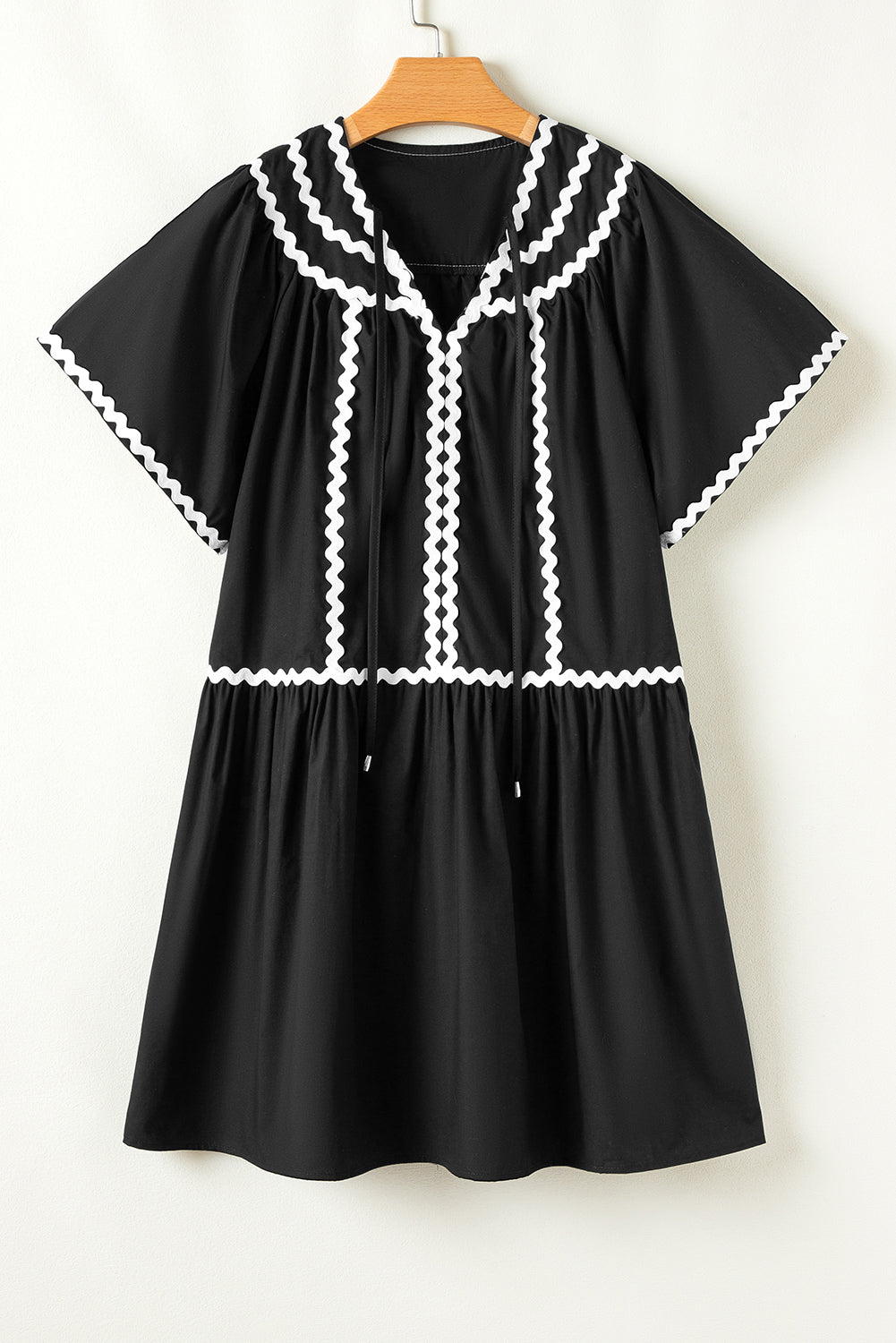 Mini Dresses - Black Summer Dress with Ricrac Trim