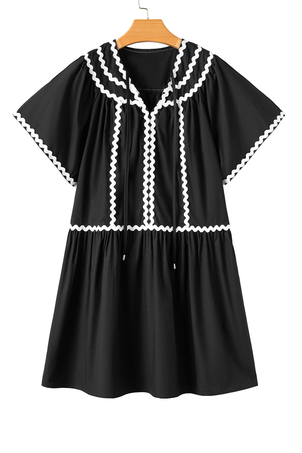 Mini Dresses - Black Summer Dress with Ricrac Trim