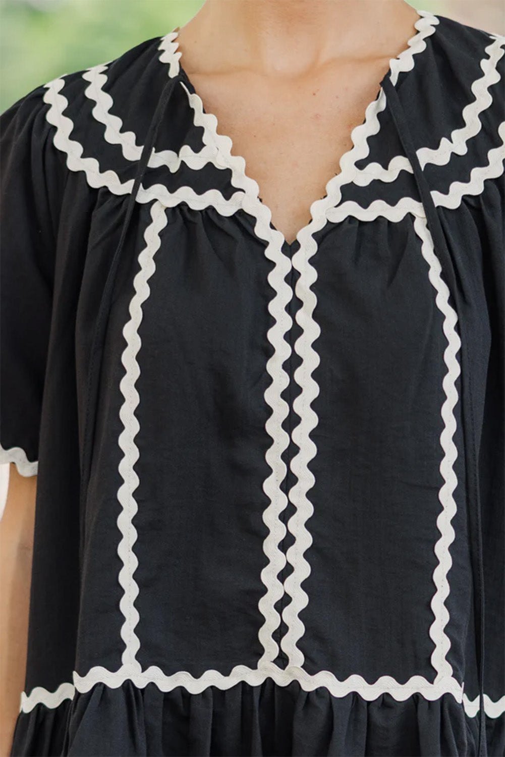 Mini Dresses - Black Summer Dress with Ricrac Trim