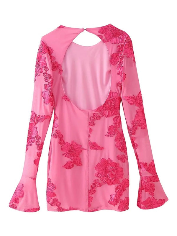Mini Dresses - Floral Embroidered Backless Mini Dress for Parties