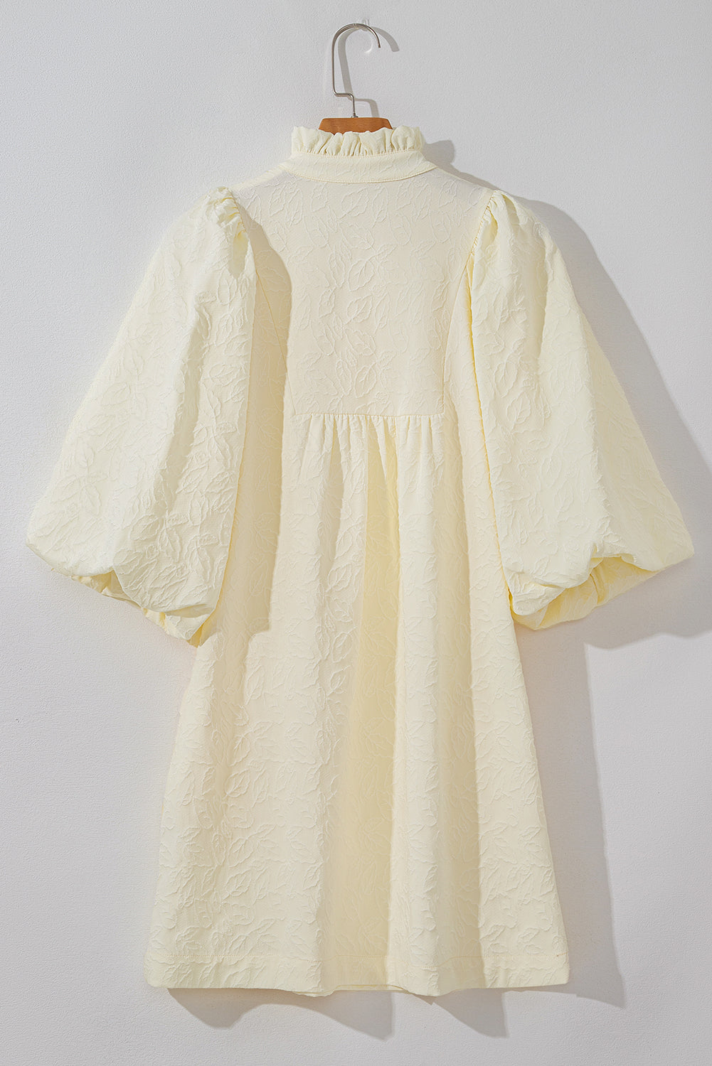 Mini Dresses - Frilled Notched Textured Bubble Sleeve Dress