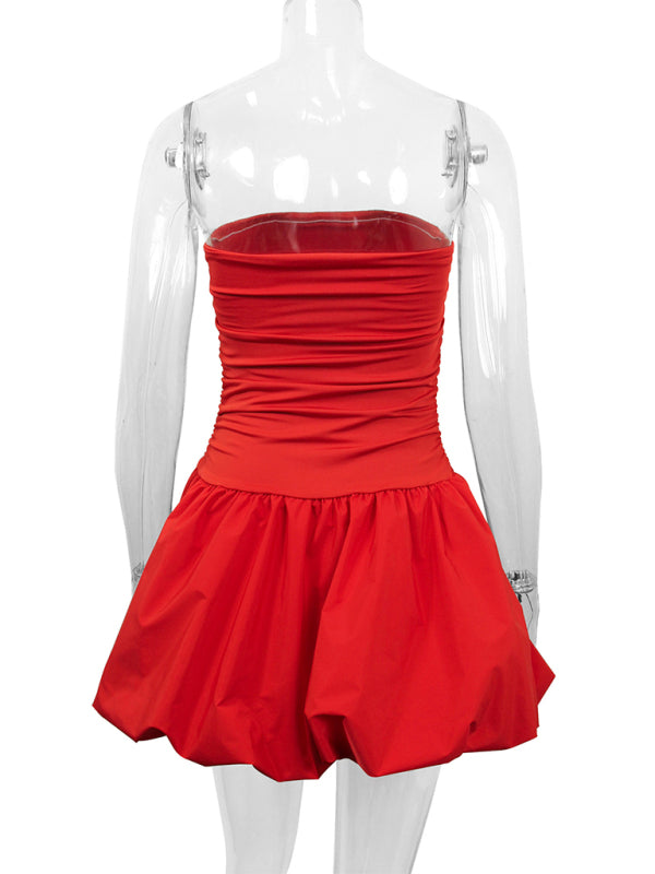 Mini Dresses - Red Fit & Flare Strapless Dress for Summer Festivals