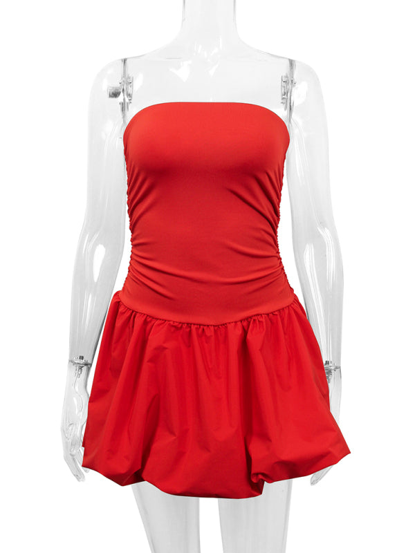 Mini Dresses - Red Fit & Flare Strapless Dress for Summer Festivals