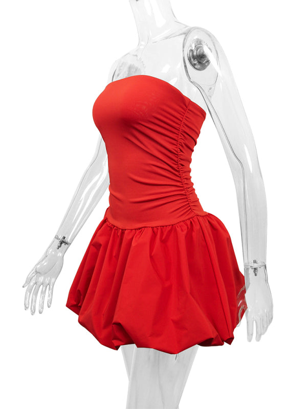 Mini Dresses - Red Fit & Flare Strapless Dress for Summer Festivals