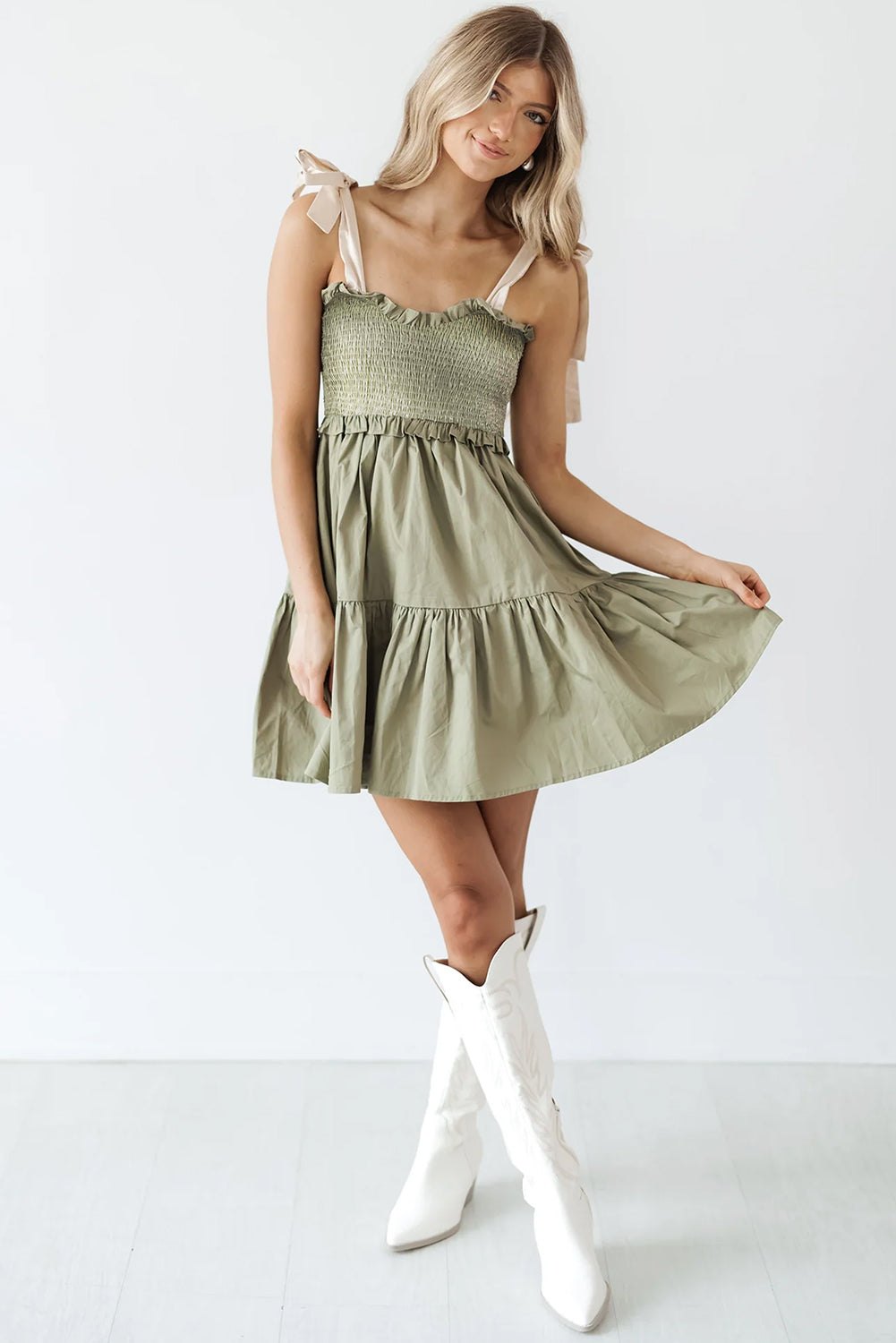 Mini Dresses - Casual Smocked Summer Dress with Ruffle Accents