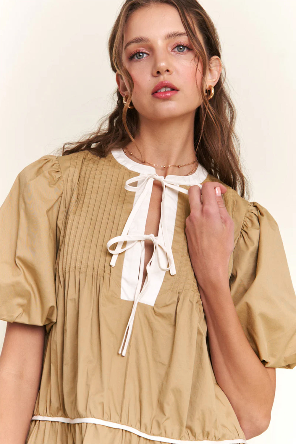 Mini Dresses - Casual Cotton Dress with Tie-up Front