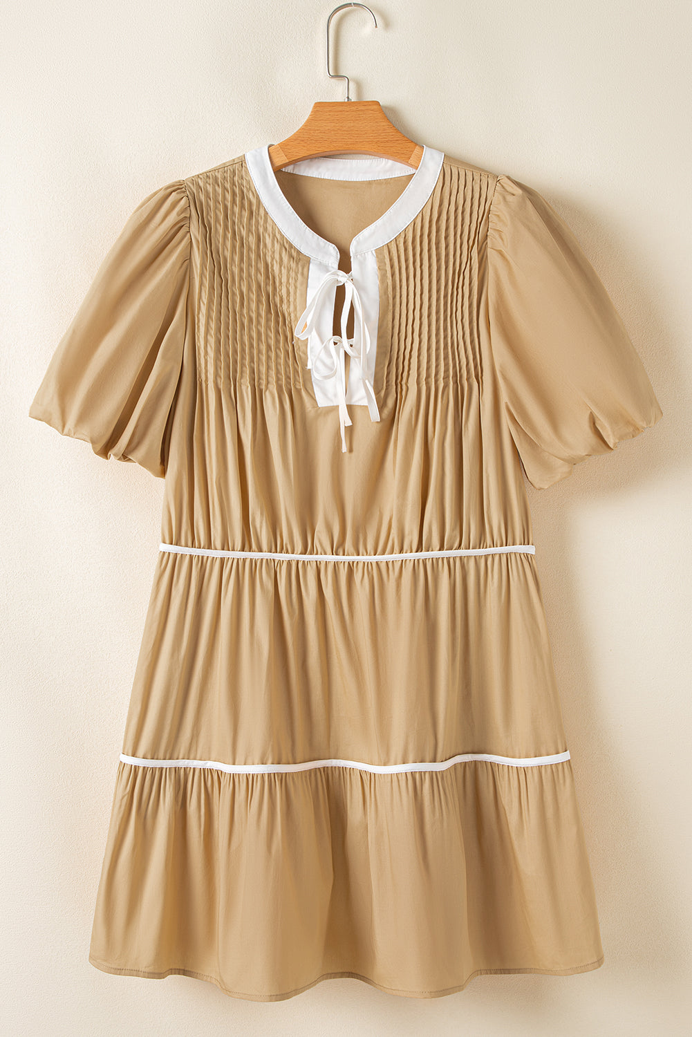 Mini Dresses - Casual Cotton Dress with Tie-up Front