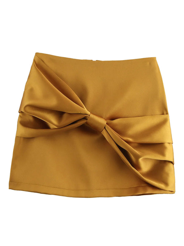 Mini Skirts - Mustard Mini Skirt with Asymmetric Bow