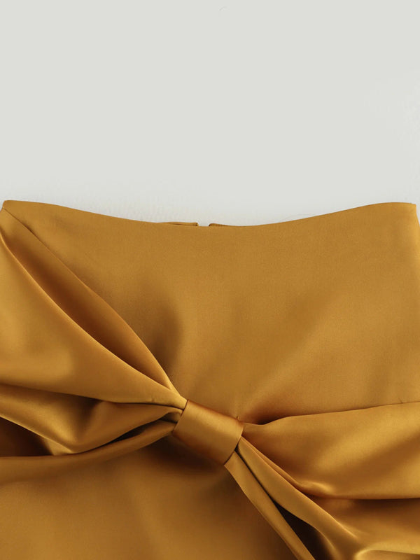 Mini Skirts - Mustard Mini Skirt with Asymmetric Bow