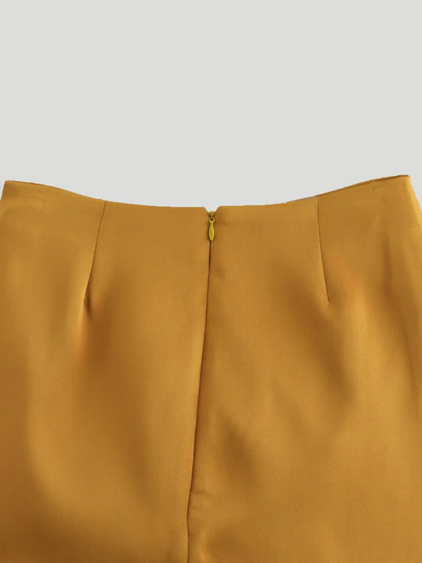 Mini Skirts - Mustard Mini Skirt with Asymmetric Bow