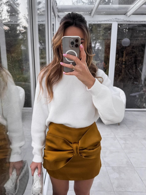 Mini Skirts - Mustard Mini Skirt with Asymmetric Bow