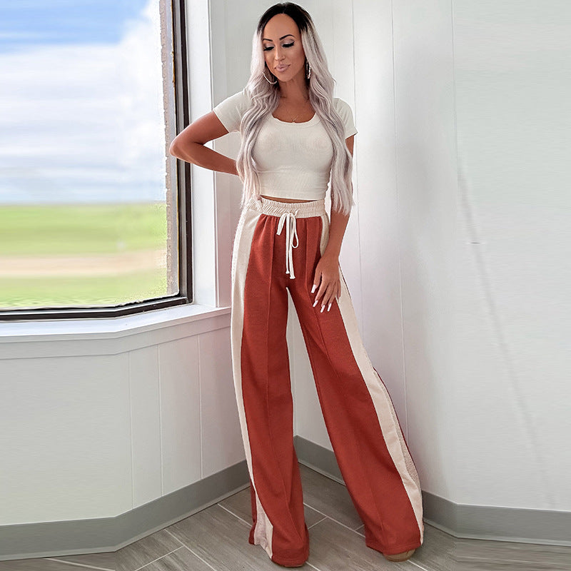 Pants - Women's High Waist Wide Leg Pants European And American Simple Loose Color Matching Drawstring
