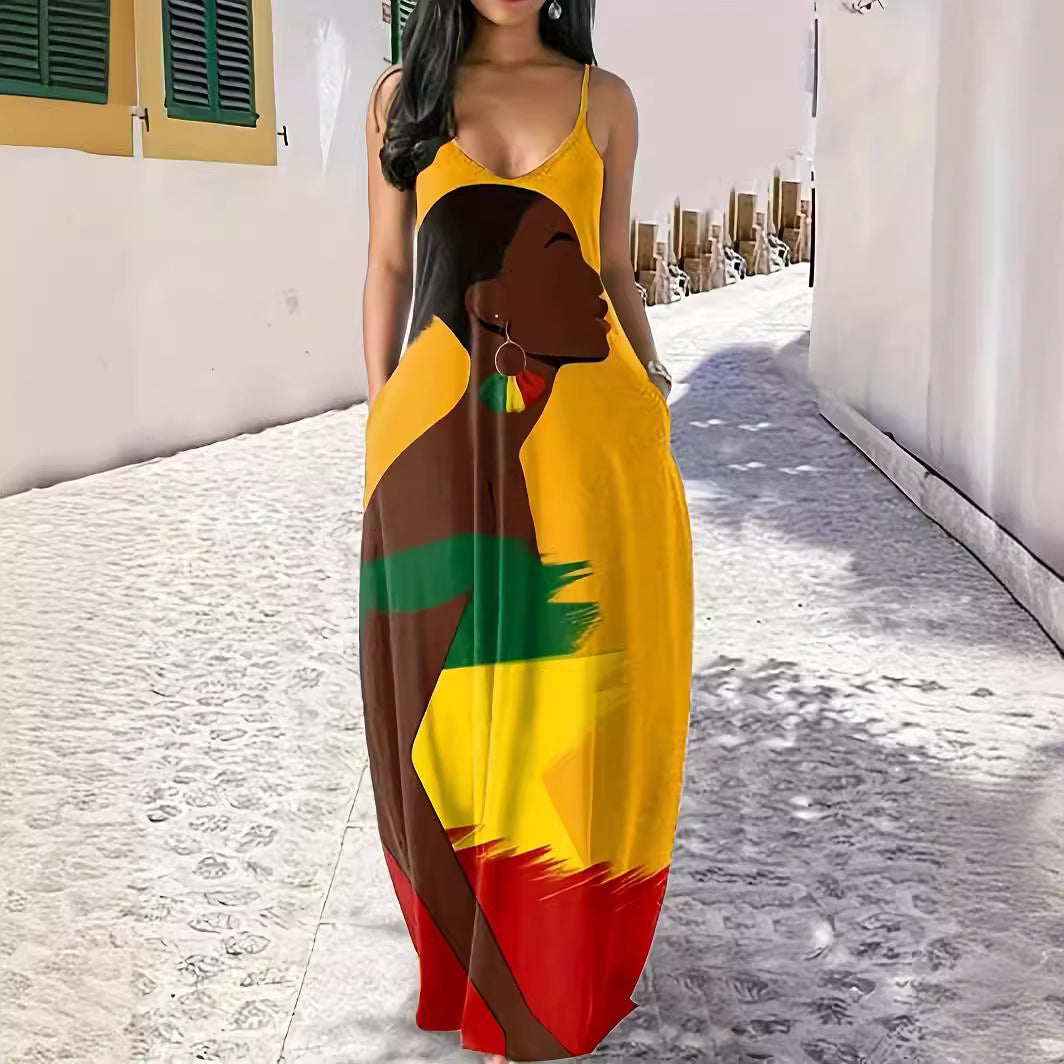 A-Line Dresses - V-neck Strap Long Digital Printing Ladies Dress