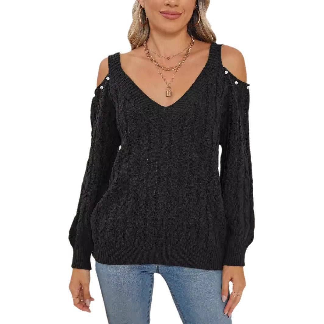 Sweaters - Woven Bottoming Shirt Deep V Off-the-shoulder Pullover Loose Sweater