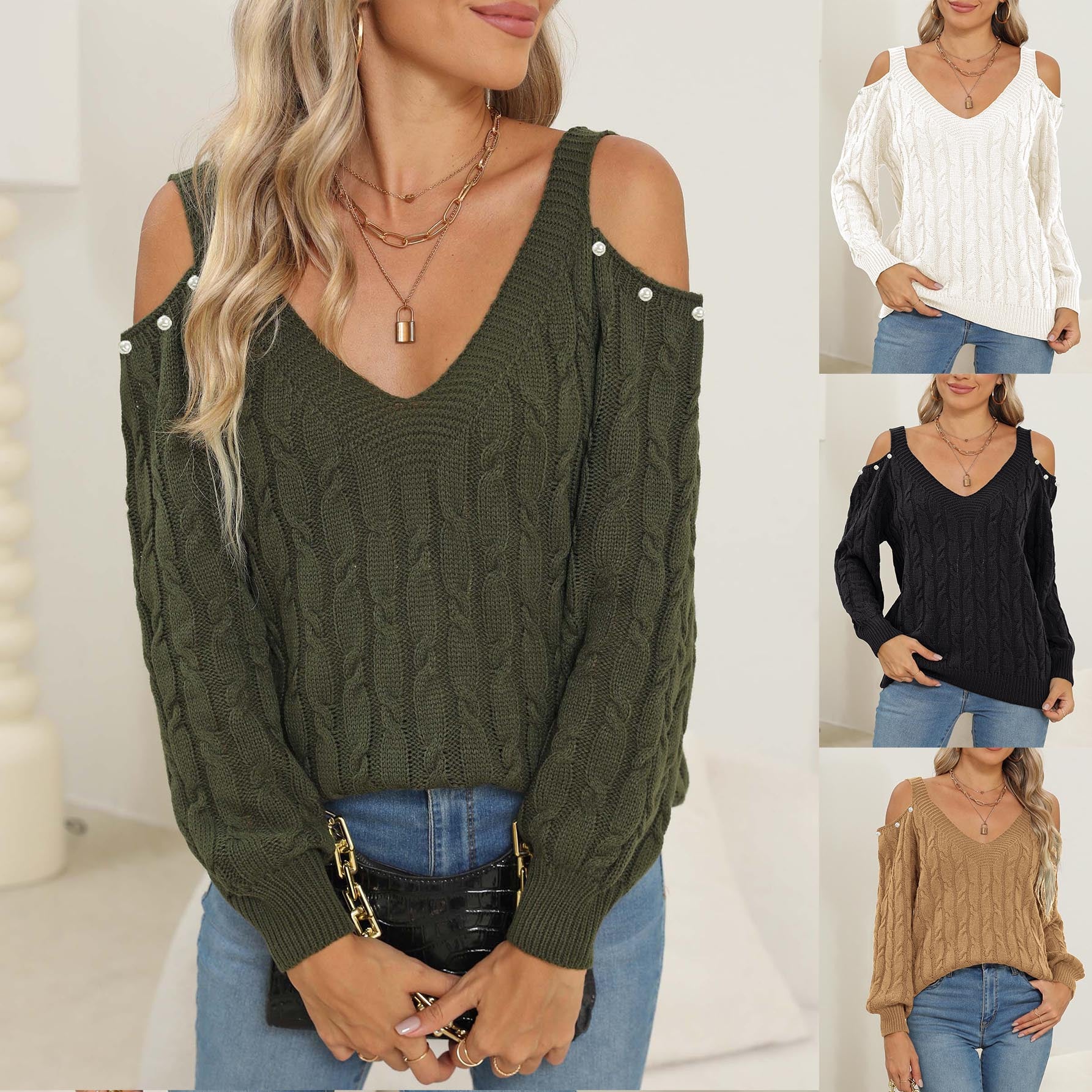 Sweaters - Woven Bottoming Shirt Deep V Off-the-shoulder Pullover Loose Sweater