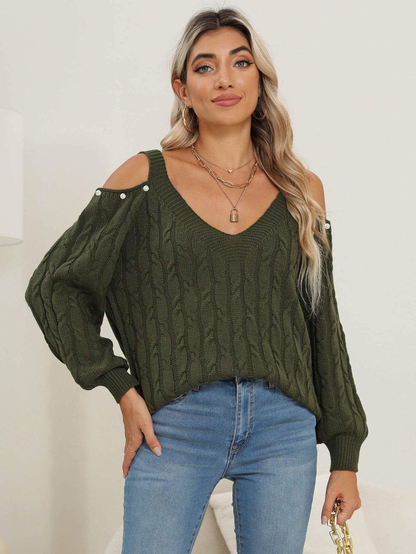 Sweaters - Woven Bottoming Shirt Deep V Off-the-shoulder Pullover Loose Sweater