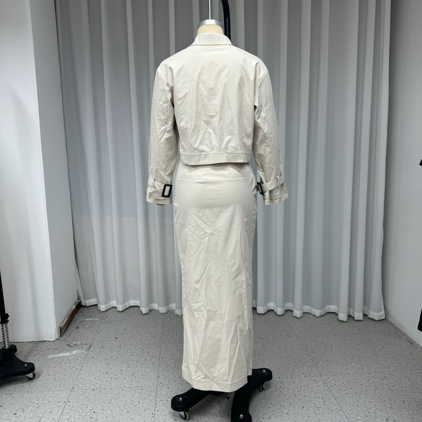 Women's Suit Lapel Patchwork Coat Skirt Two-piece Set Including Belt