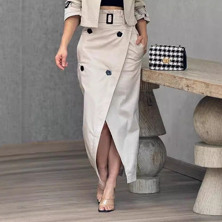 Skirt Set - Women's Suit Lapel Patchwork Coat Skirt Two-piece Set Including Belt