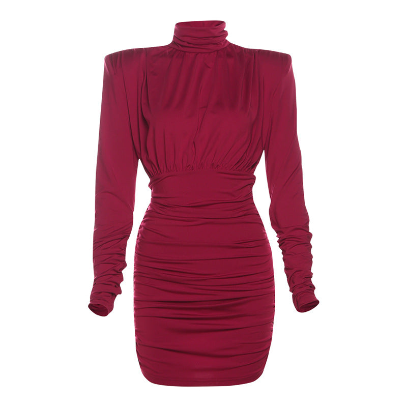 Bodycon Dresses - Temperament High Collar Pleated Waist Tight Sheath Dress