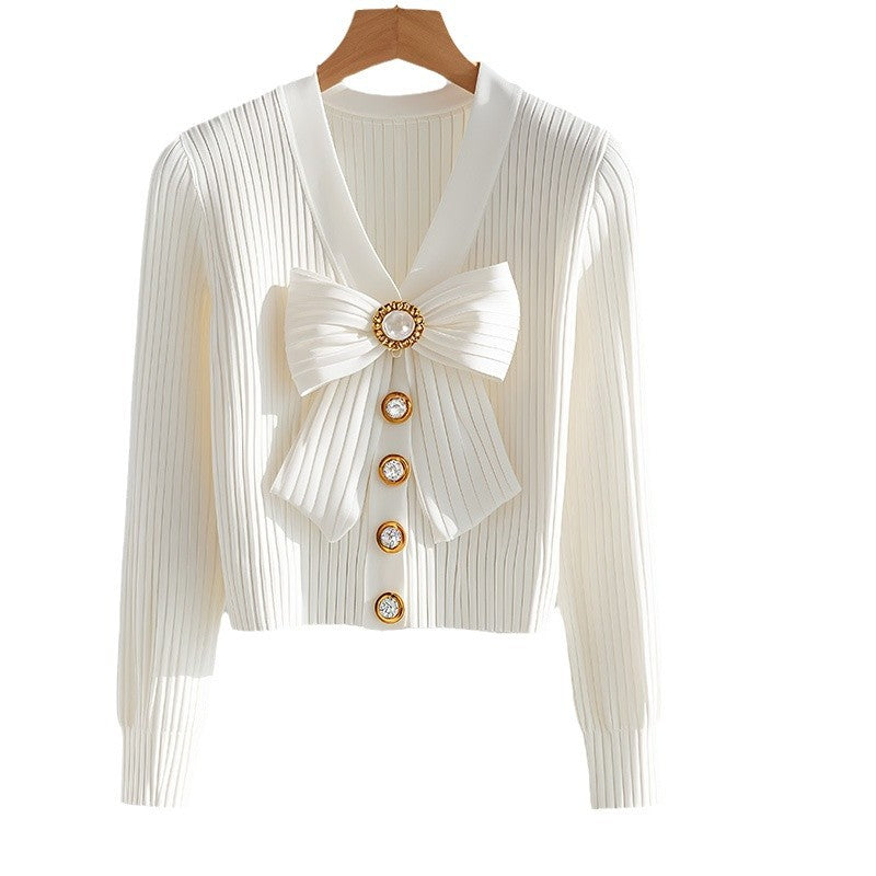 Cardigans - White Long-sleeved Fashionable High-end Chic Sweater