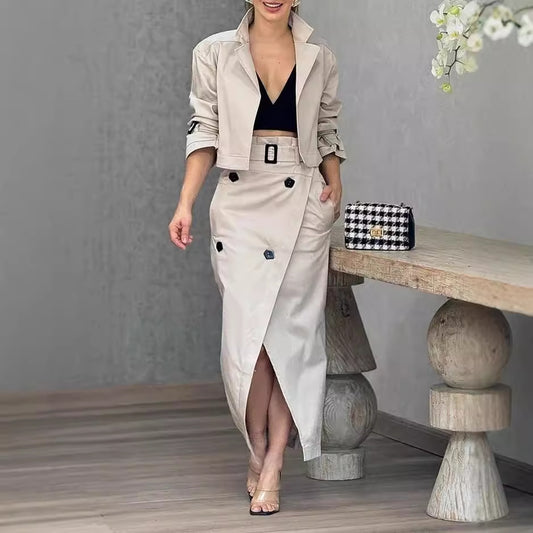 Skirt Set - Women's Suit Lapel Patchwork Coat Skirt Two-piece Set Including Belt