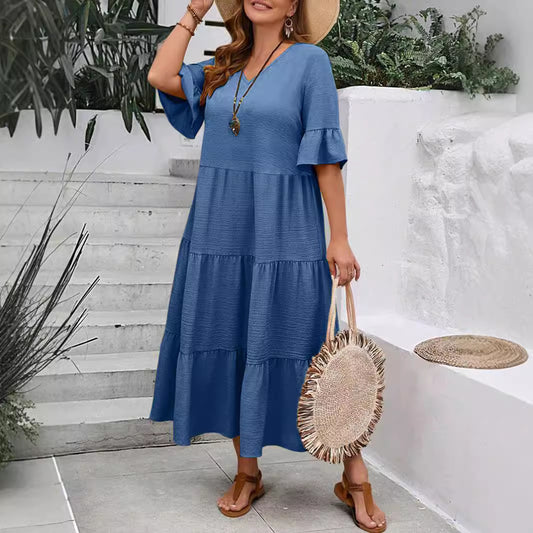 Casual Dresses - V-neck Stitching Multicolor Long Large Hem Plus Size Dress