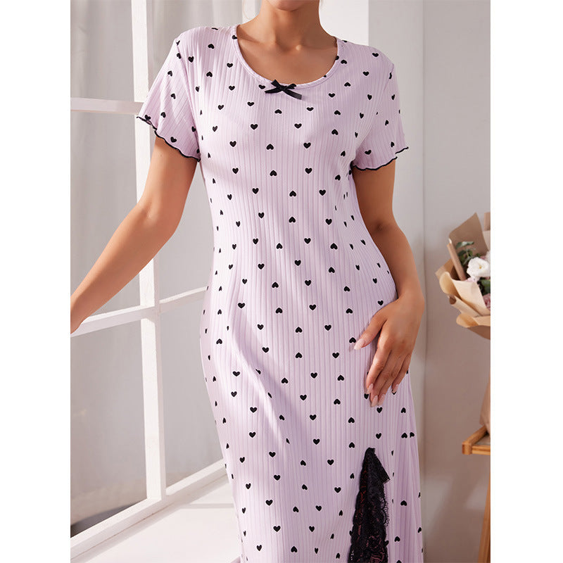 Pajamas - Round Neck Short Sleeve Love Plus Size Slit Mid-length Dress