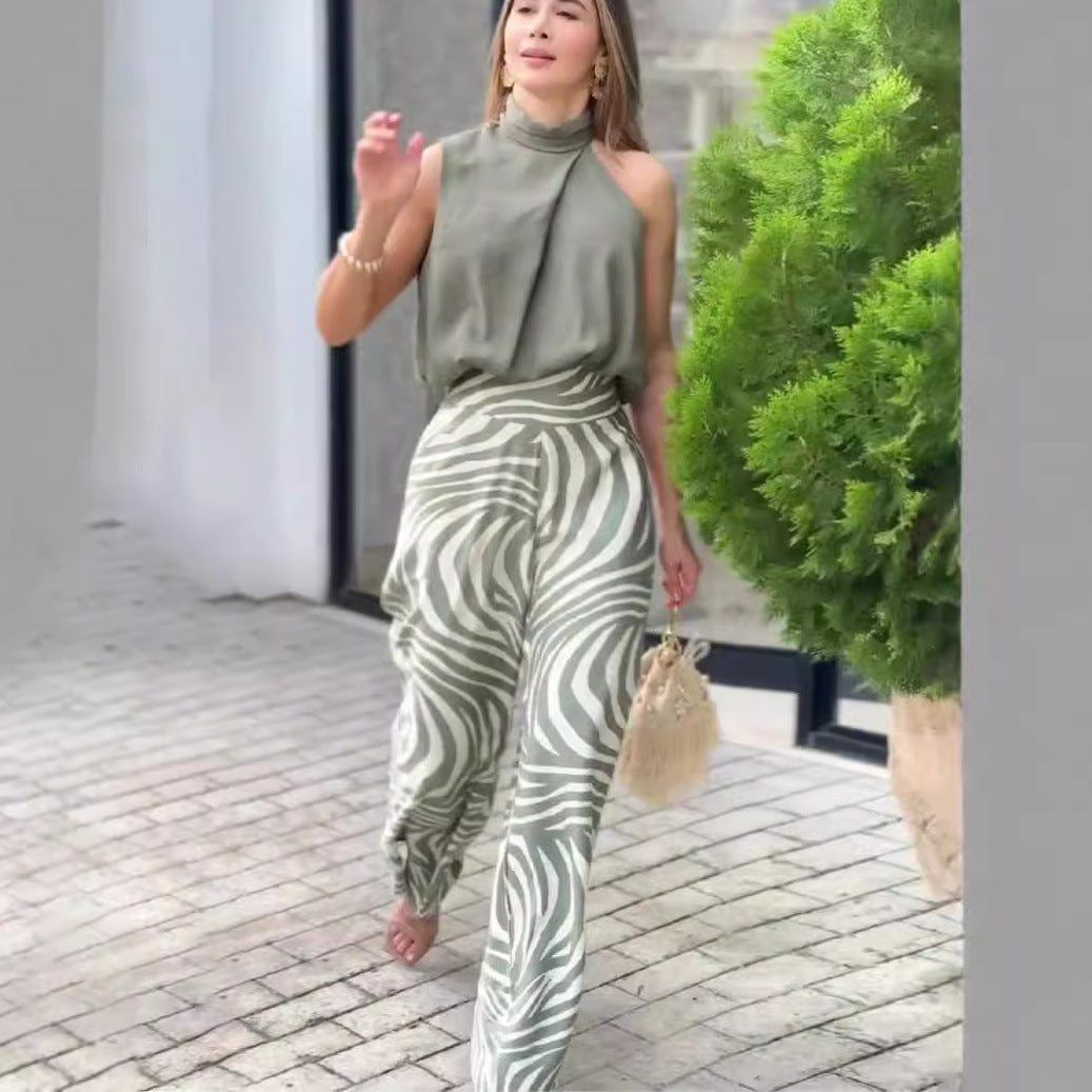 Pants Set - Top Zebra Print Wide Leg Pants Fashion Two-piece Suit Women's Clothing