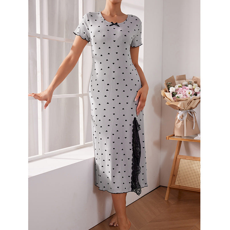 Pajamas - Round Neck Short Sleeve Love Plus Size Slit Mid-length Dress