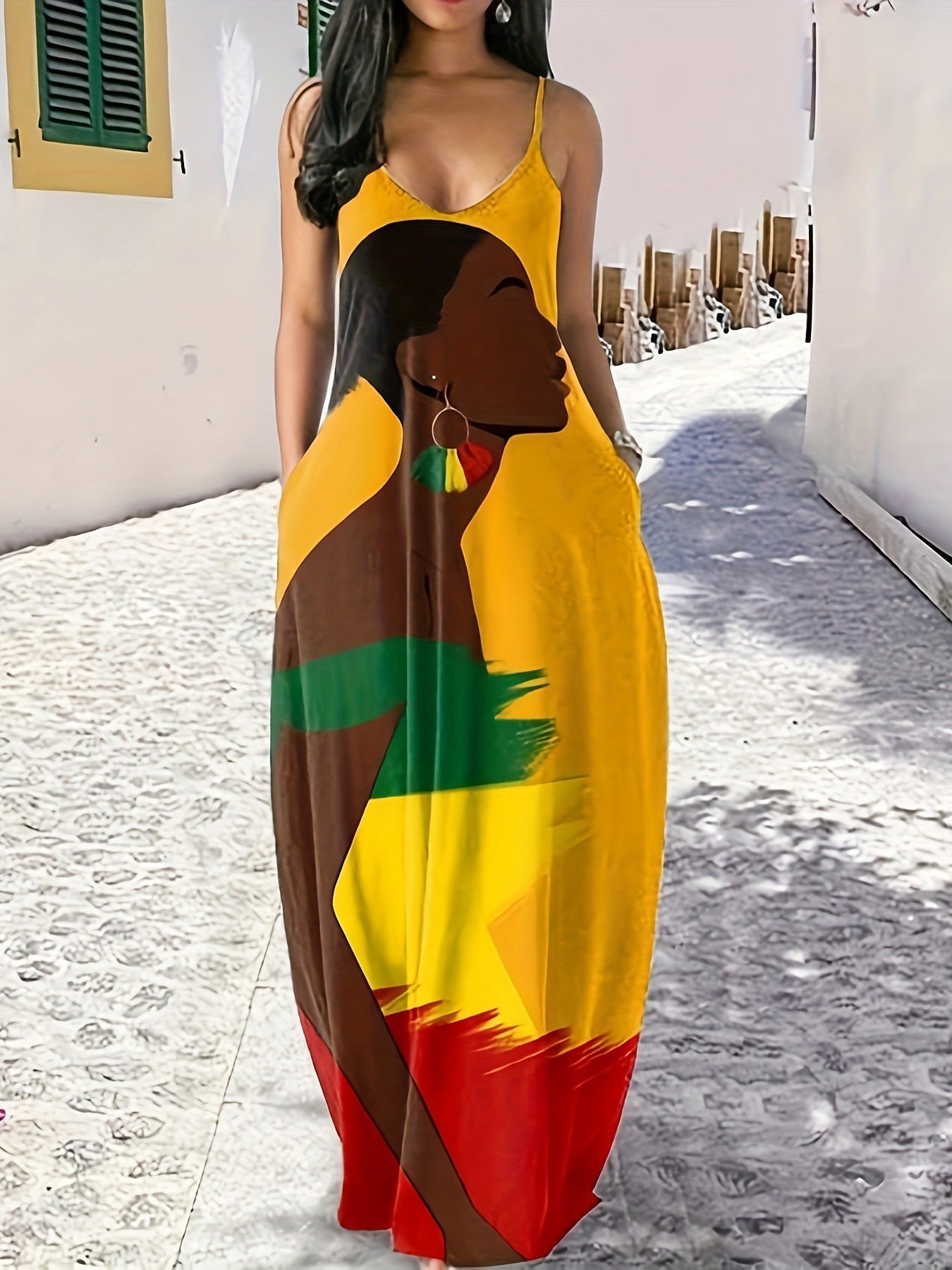 A-Line Dresses - V-neck Strap Long Digital Printing Ladies Dress