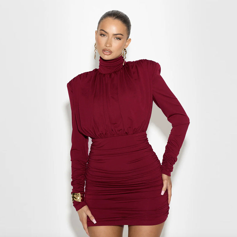 Bodycon Dresses - Temperament High Collar Pleated Waist Tight Sheath Dress