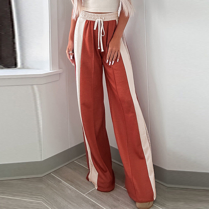 Pants - Women's High Waist Wide Leg Pants European And American Simple Loose Color Matching Drawstring
