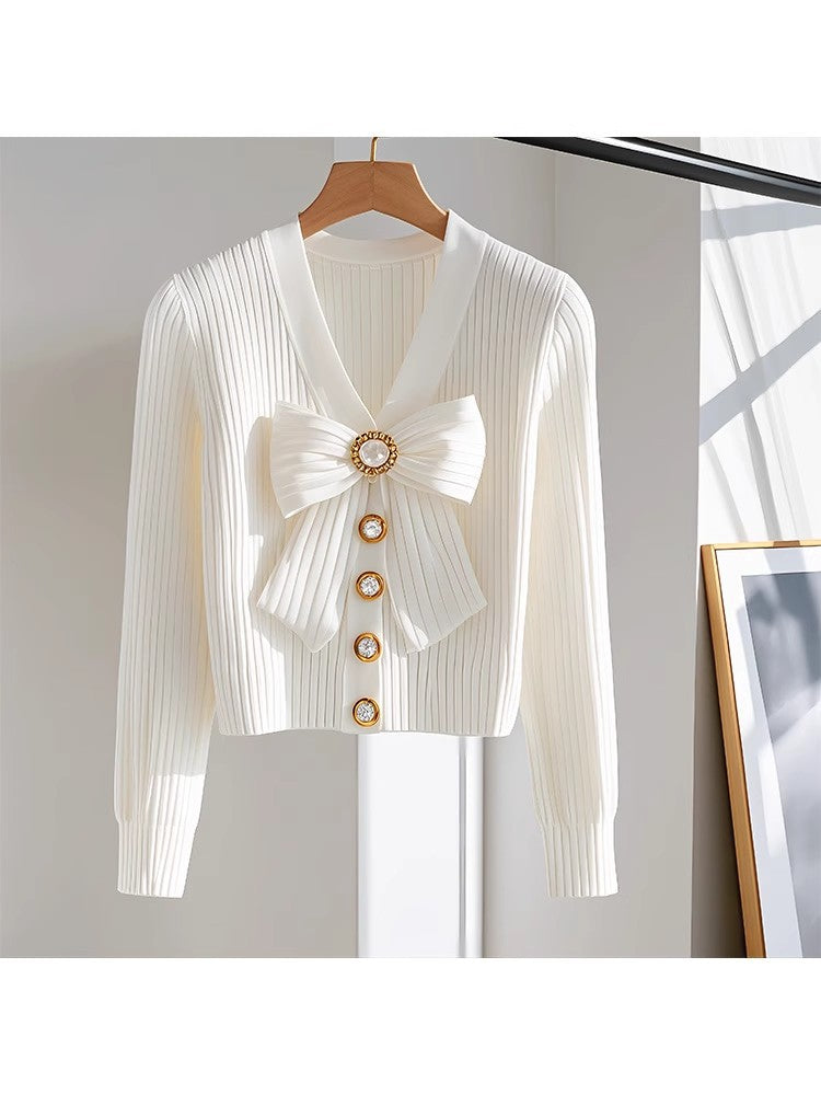 Cardigans - White Long-sleeved Fashionable High-end Chic Sweater