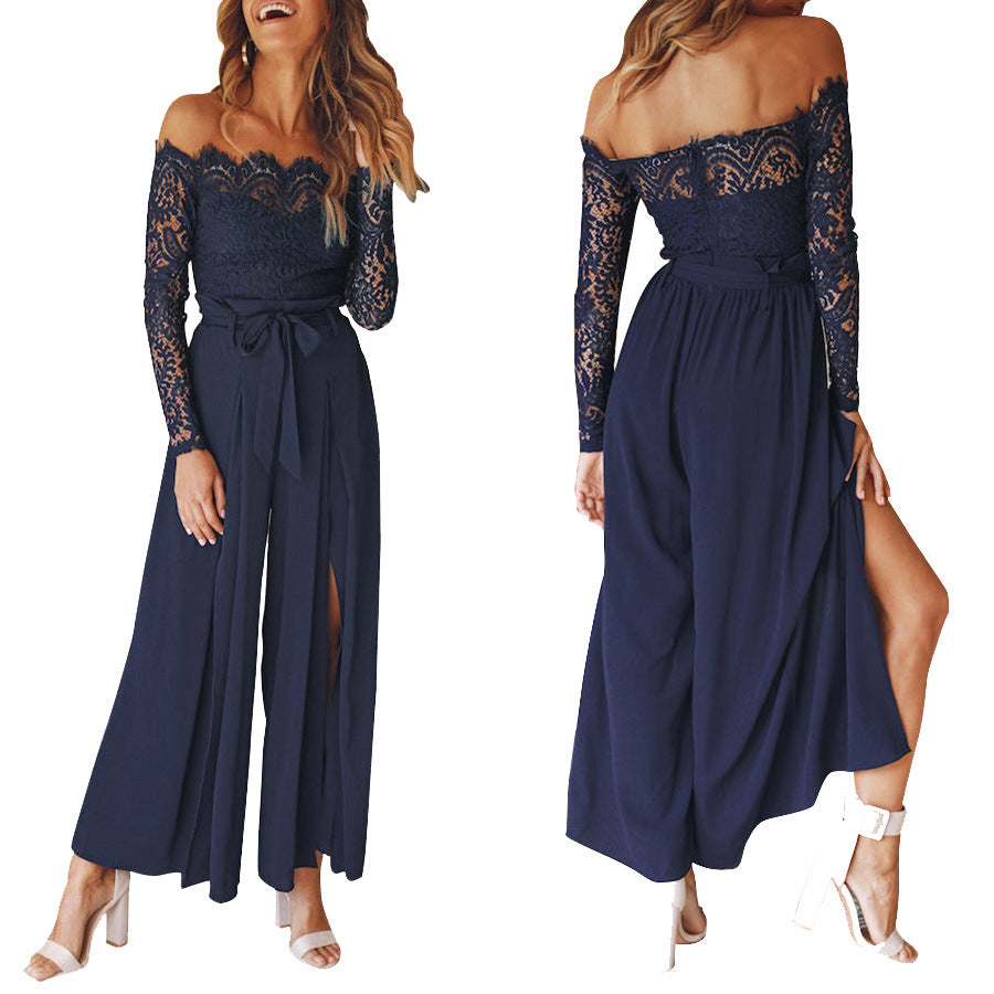 Jumpsuits - Women's Solid Color Lace High Waist Strap Loose Jumpsuit
