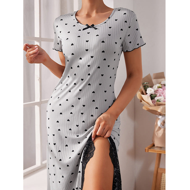 Pajamas - Round Neck Short Sleeve Love Plus Size Slit Mid-length Dress