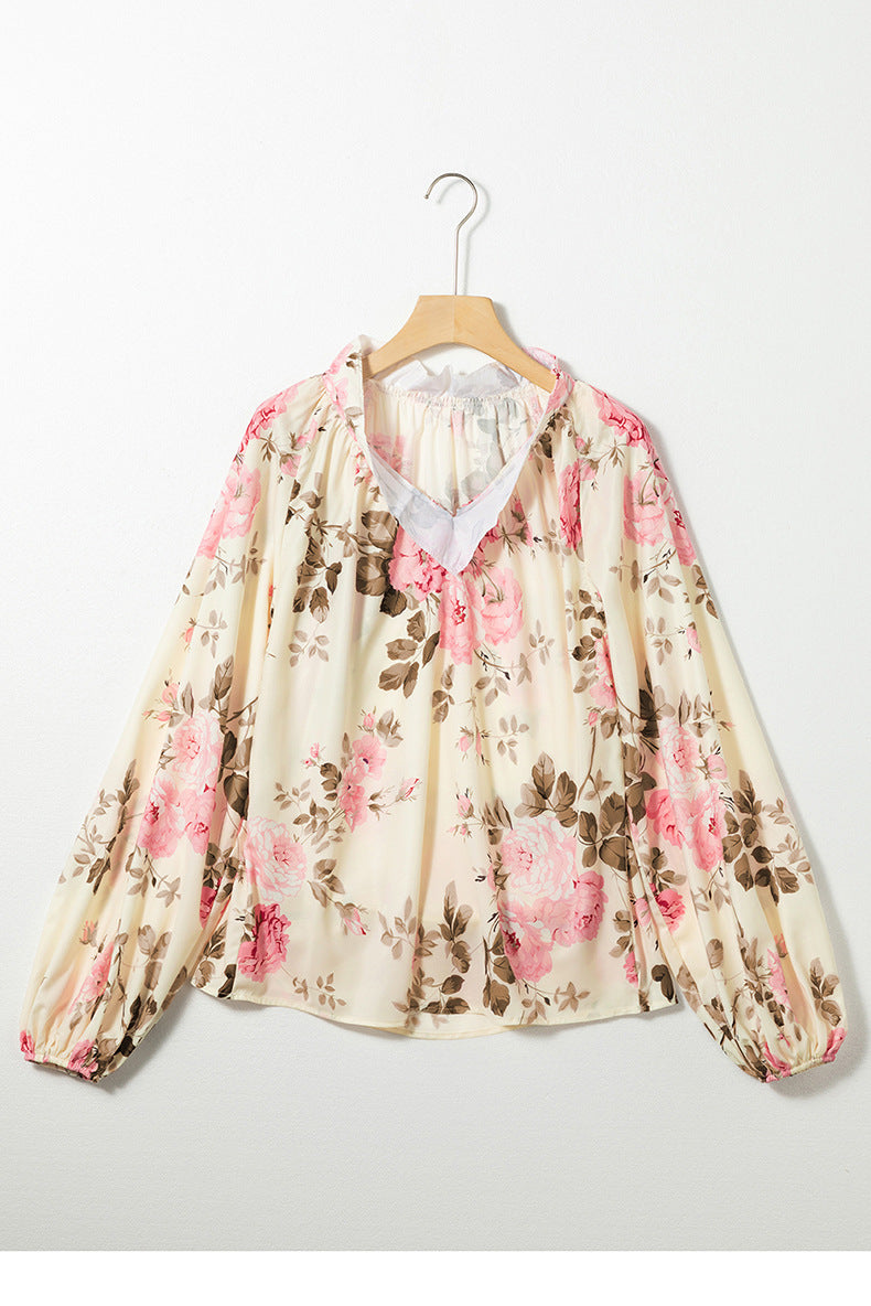 Blouses - Women's Pullover V-neck Long-sleeved Chiffon Shirt European And American Top