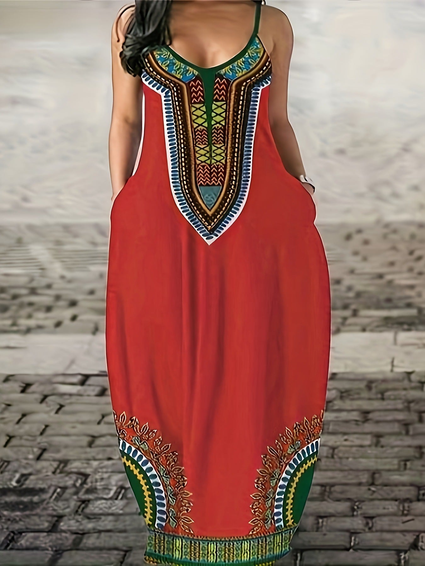 A-Line Dresses - V-neck Strap Long Digital Printing Ladies Dress