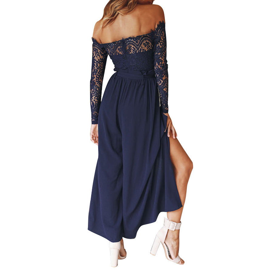 Jumpsuits - Women's Solid Color Lace High Waist Strap Loose Jumpsuit