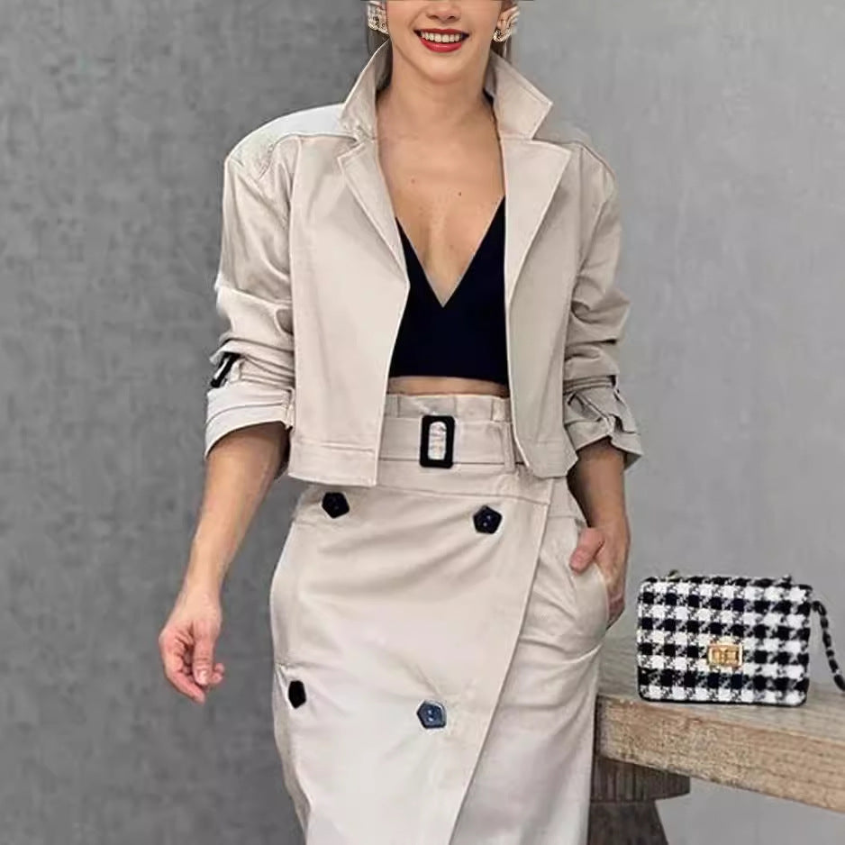 Skirt Set - Women's Suit Lapel Patchwork Coat Skirt Two-piece Set Including Belt